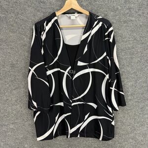 TanJay Top Women XL Black Geometric V-Neck 3/4 Sleeve Casual Stretch Comfort